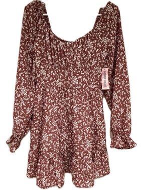 Mini Rust Floral Long-Sleeve Dress w/ fitted bodice